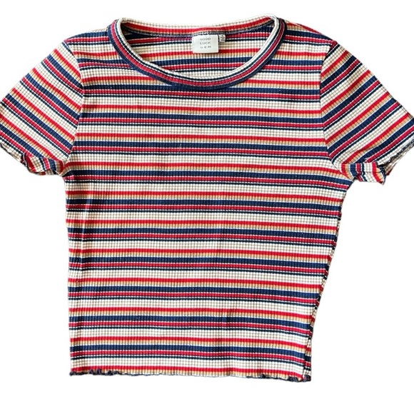 268-Good Luck Gem Small Striped t-shirt. Red Blue Tan White Crop Top - Picture 1 of 5